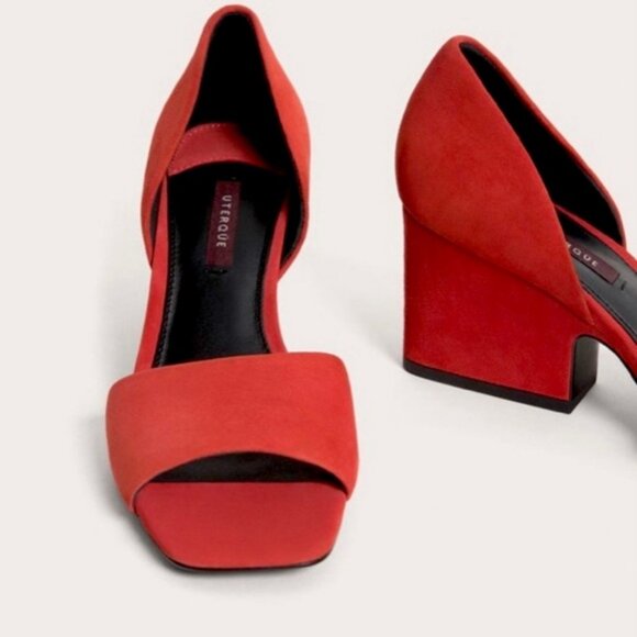 Uterqüe suede open toe block heels with leather lining and soles. Women's size 8 - Picture 2 of 13